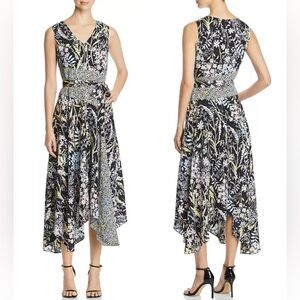 Calvin Klein Mixed Floral Asymmetrical Handkerchief Black Yellow Midi Dress 6